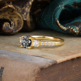 Round Cut Black Rutilated Quartz Engagement Ring Three Stone Promise Ring Four Claw Prong Setting